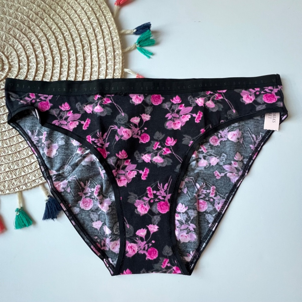 Victoria's Secret Stretch Cotton High-Leg Brief Panty Black Floral Large NEW